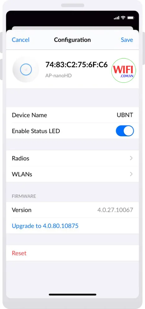 Màn hình Device Configuration hiển thị các mục cấu hình thiết bị