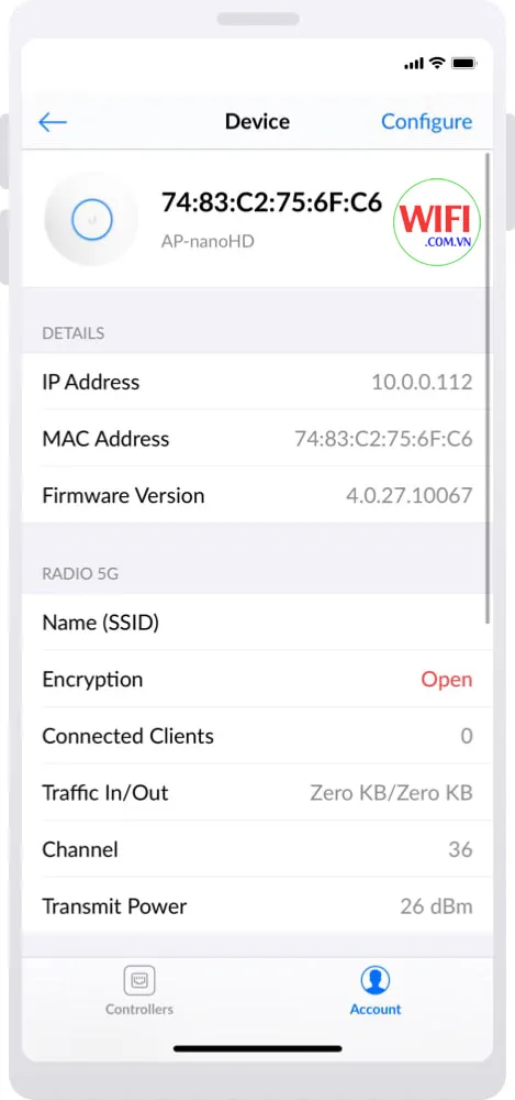 Màn hình Device Details hiển thị thông tin chi tiết cơ bản của thiết bị
