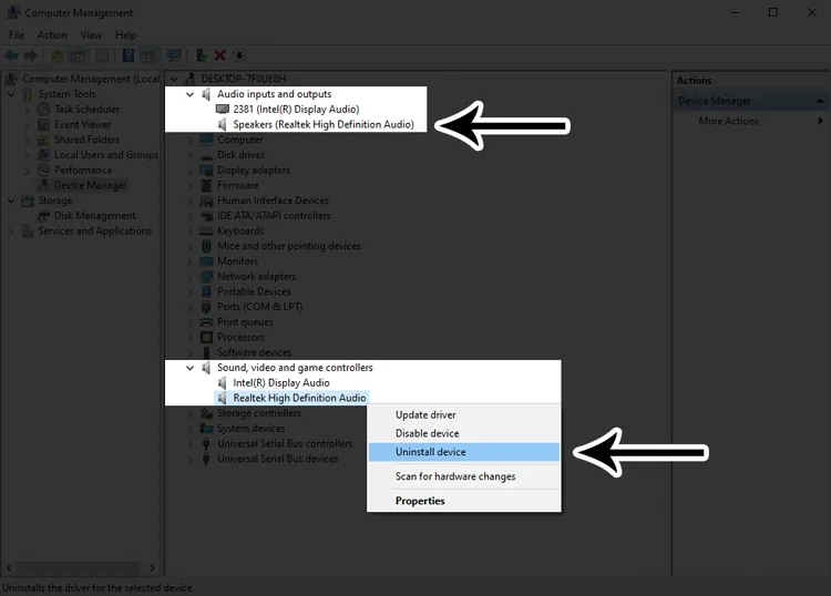 Màn hình Device Manager, chuột phải vào driver và chọn Uninstall device