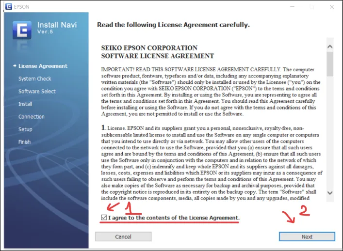 Màn hình đồng ý các điều khoản sử dụng driver máy in Epson LQ 310