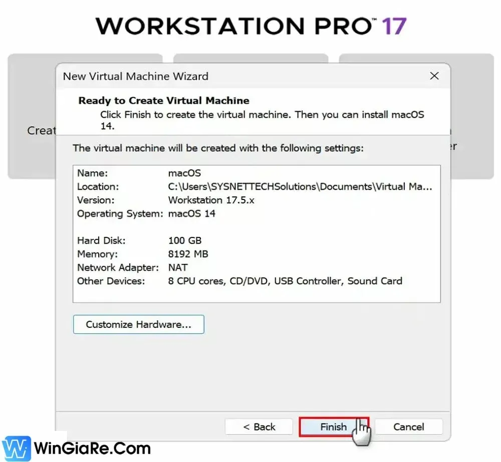 Màn hình Finish xác nhận cài đặt máy ảo macOS thành công