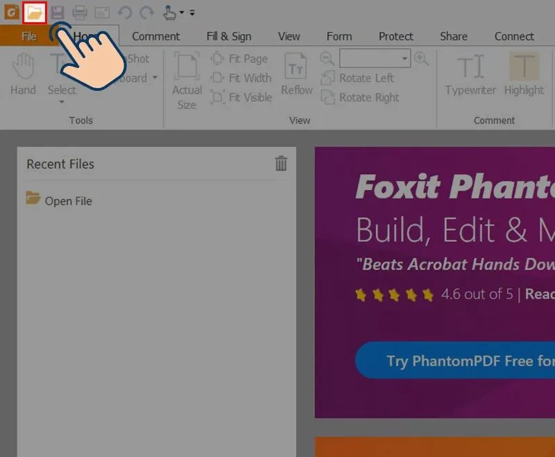 Màn hình Foxit Reader, click vào biểu tượng Open hoặc Ctrl + O