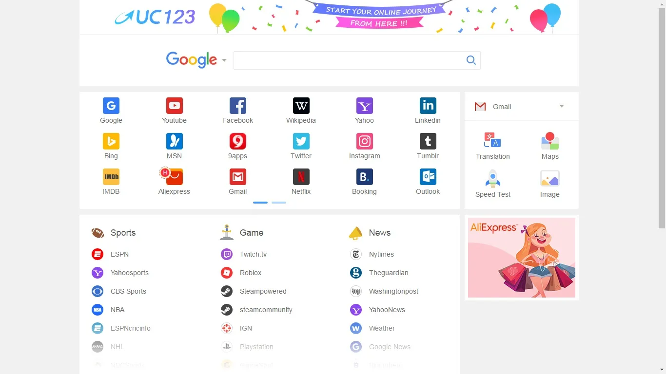 màn hình giao diện chính của uc browser sau khi cài đặt thành công