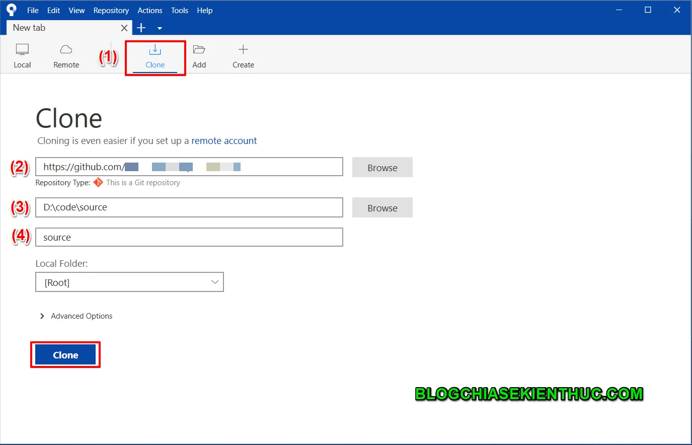 Màn hình giao diện chính SourceTree sau khi cài đặt thành công