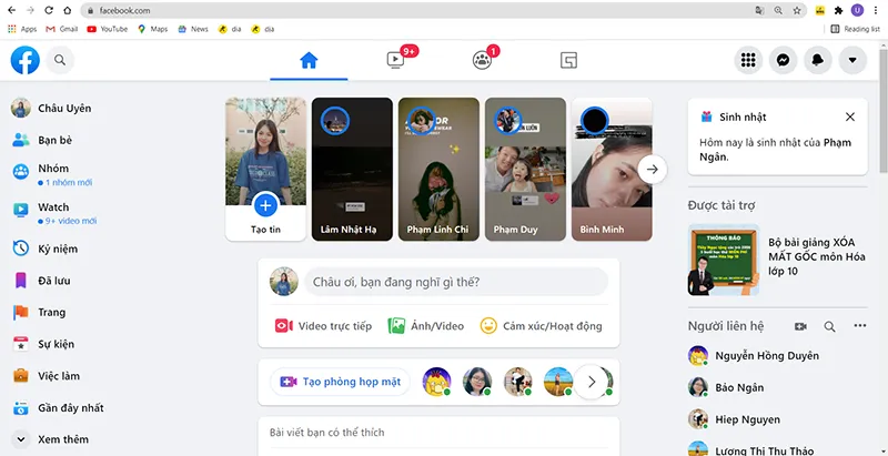Màn hình giao diện Facebook trên máy tính cá nhân