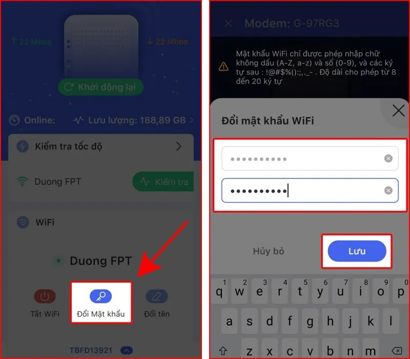 Màn hình giao diện quản lý WiFi trên ứng dụng Hi FPT, hiển thị tùy chọn thay đổi mật khẩu