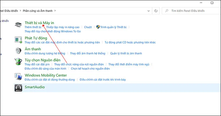 Màn hình hiển thị danh sách các thiết bị và máy in đã được kết nối với máy tính
