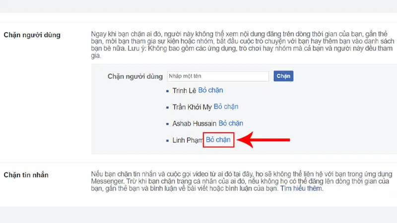 Màn hình hiển thị danh sách người dùng đã bị chặn trên Facebook máy tính