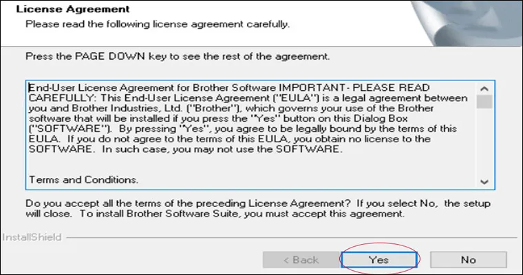 Màn hình hiển thị Thỏa thuận Cấp phép Người dùng Cuối (EULA), người dùng chọn Yes