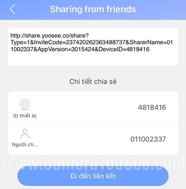 Màn hình hiển thị thông tin camera sau khi quét mã QR thành công để chia sẻ