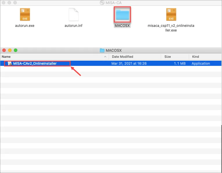Màn hình hiển thị thư mục MACOSX bên trong ổ đĩa MISA-CA trên MacOS