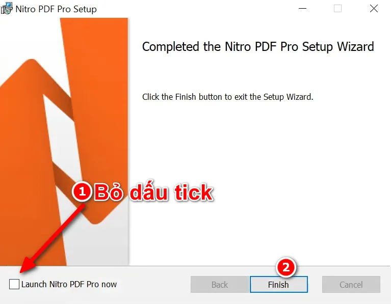 Màn hình hoàn tất cài đặt Nitro Pro, với hộp kiểm 'Launch Nitro Pro Now' được bỏ chọn và nút 'Finish' được nhấn