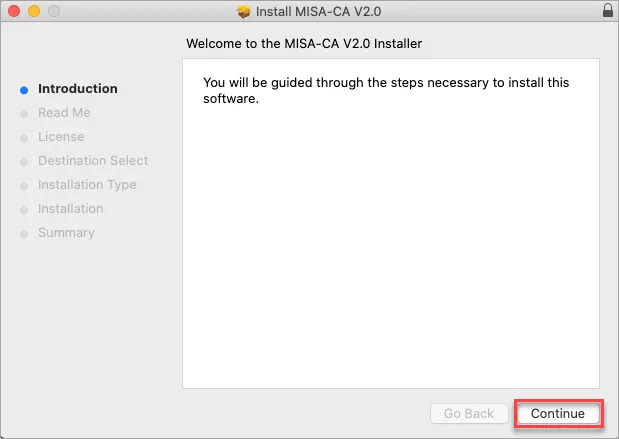 Màn hình Install MISA-CA V2.0 trên MacOS với nút Continue