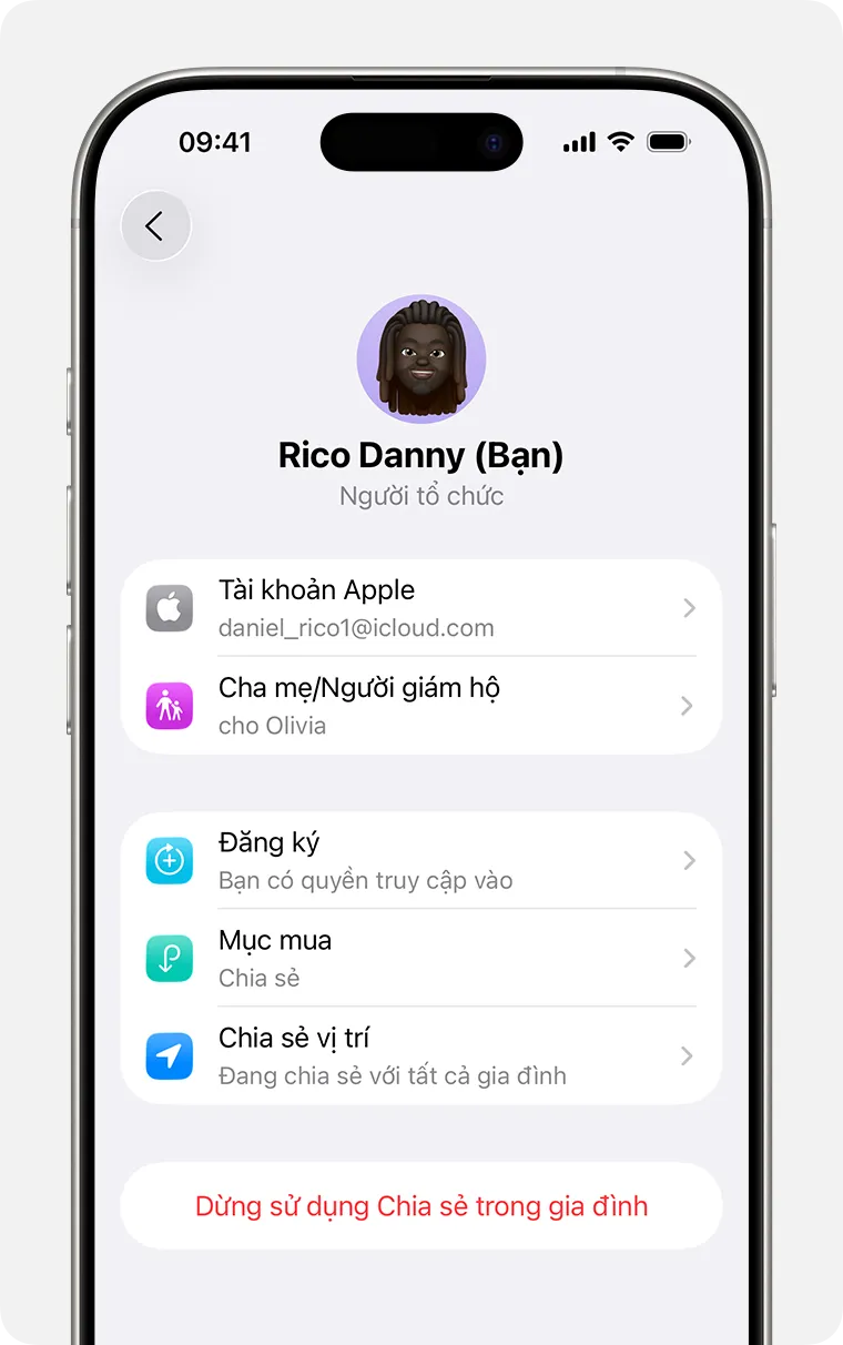 Màn hình iPhone hiển thị các bước giải tán toàn bộ nhóm Family Sharing, thực hiện bởi Người Tổ chức.