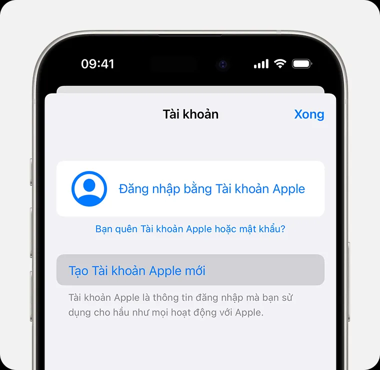 Màn hình iPhone hiển thị tùy chọn Tạo tài khoản Apple mới