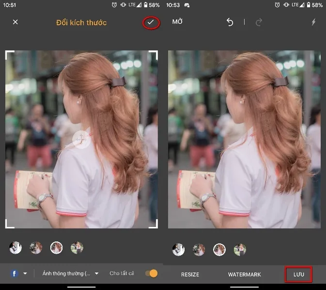 Màn hình kết quả resize và nút Lưu