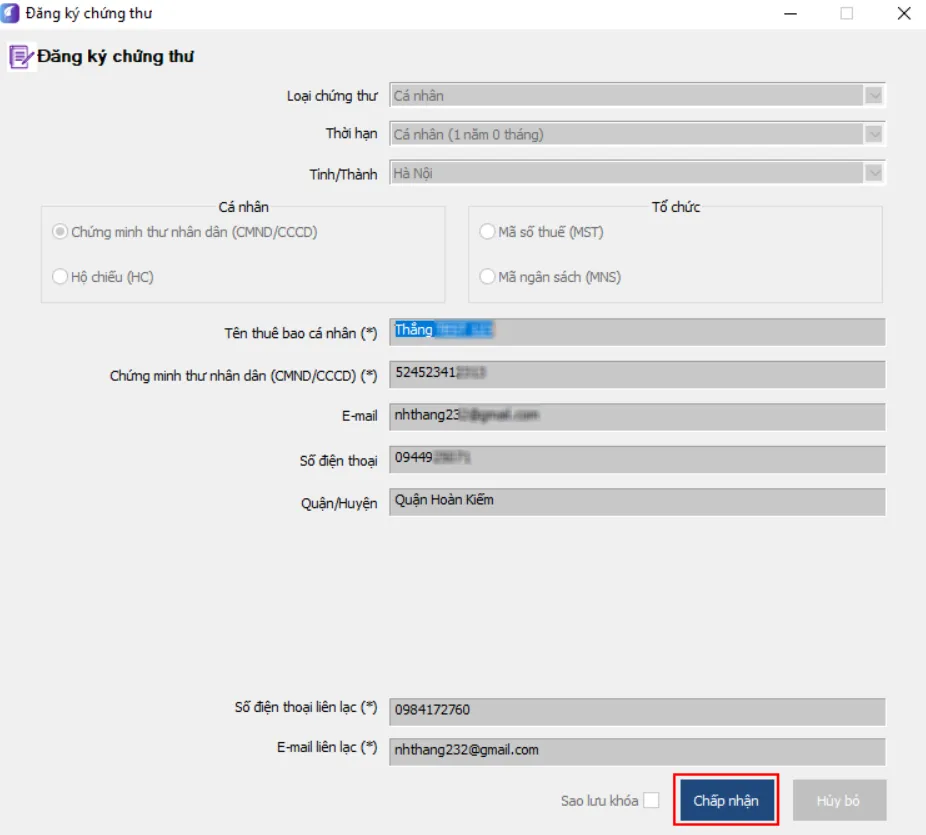 Màn hình kiểm tra lại tất cả các thông tin trên chứng thư số trước khi kích hoạt