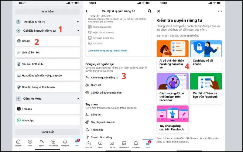 Màn hình Kiểm tra quyền riêng tư trên iPhone khi cài đặt cách ẩn bạn bè trên facebook iphone