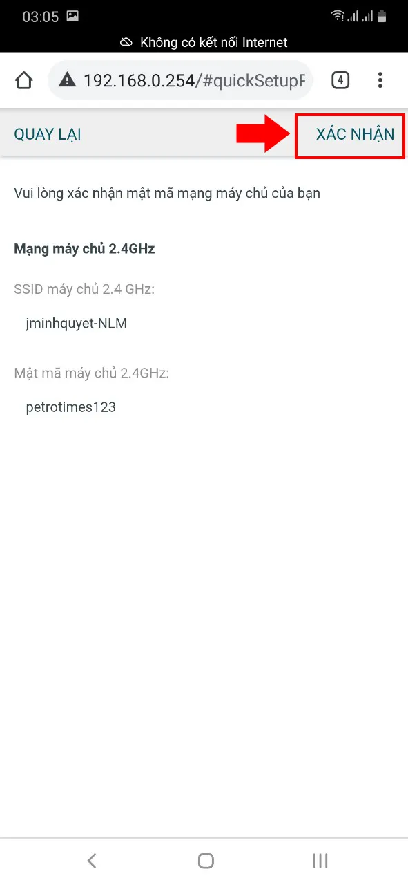 Màn hình kiểm tra và xác nhận lại thông tin cấu hình mở rộng sóng