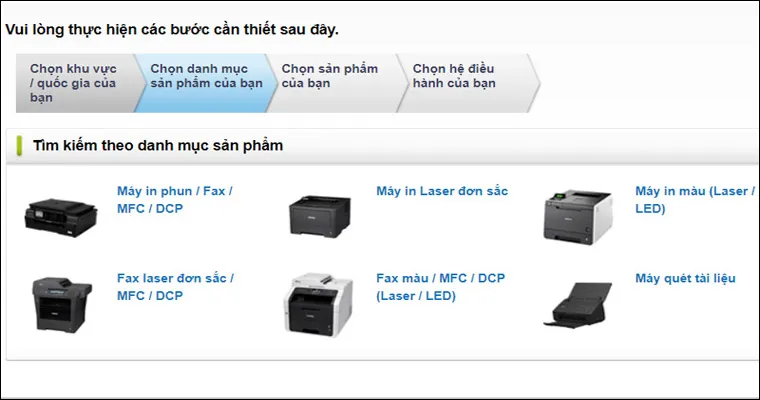 Màn hình liệt kê các loại máy in để người dùng chọn đúng dòng máy đang sử dụng