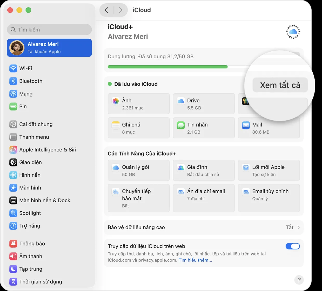 Màn hình macOS hiển thị màn hình cài đặt iCloud+ chính. Nút Xem tất cả cho phép truy cập các cài đặt dịch vụ phụ như Tìm máy Mac.