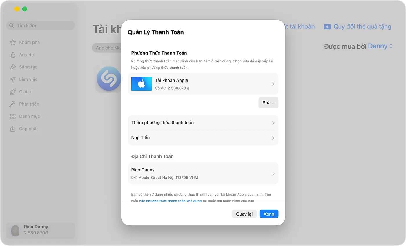 Màn hình máy Mac đang hiển thị cài đặt Quản lý khoản thanh toán.