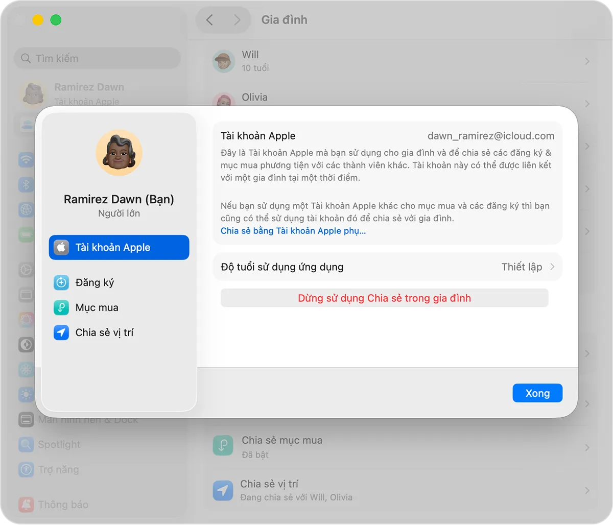 Màn hình máy Mac hiển thị bước ngừng sử dụng chế độ Chia sẻ trong gia đình trong Cài đặt Hệ thống macOS mới.