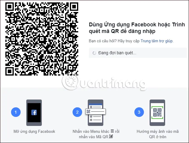 Màn hình máy tính hiển thị Mã QR sau khi nhấn nút Đăng nhập bằng điện thoại