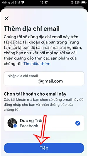 Màn hình nhập địa chỉ email mới cho tài khoản Facebook