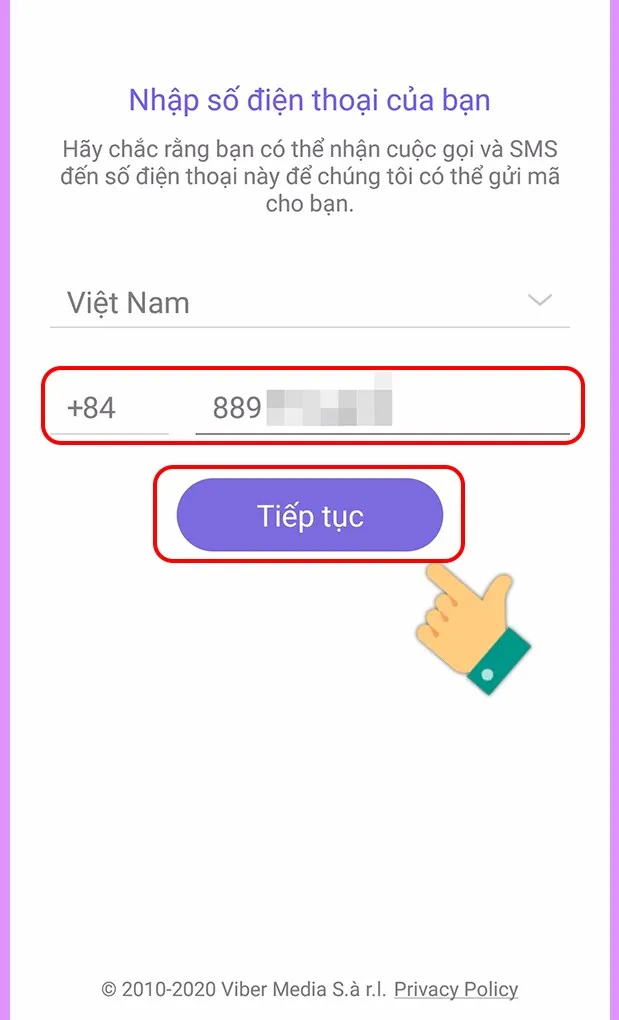 Màn hình nhập mã vùng và số điện thoại đăng ký Viber