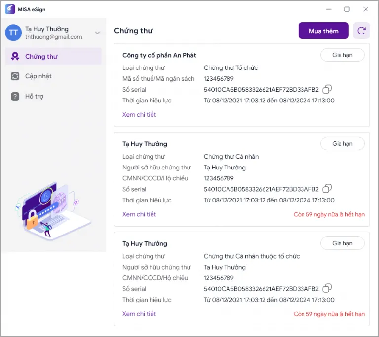 Màn hình quản lý chứng thư số sau khi đăng nhập thành công vào MISA eSign Desktop
