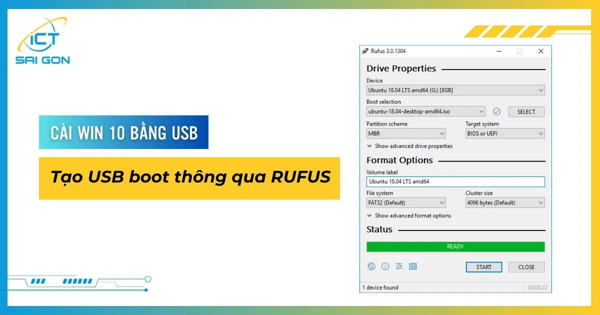 Màn hình Rufus thông báo READY sau khi tạo USB boot cài Win