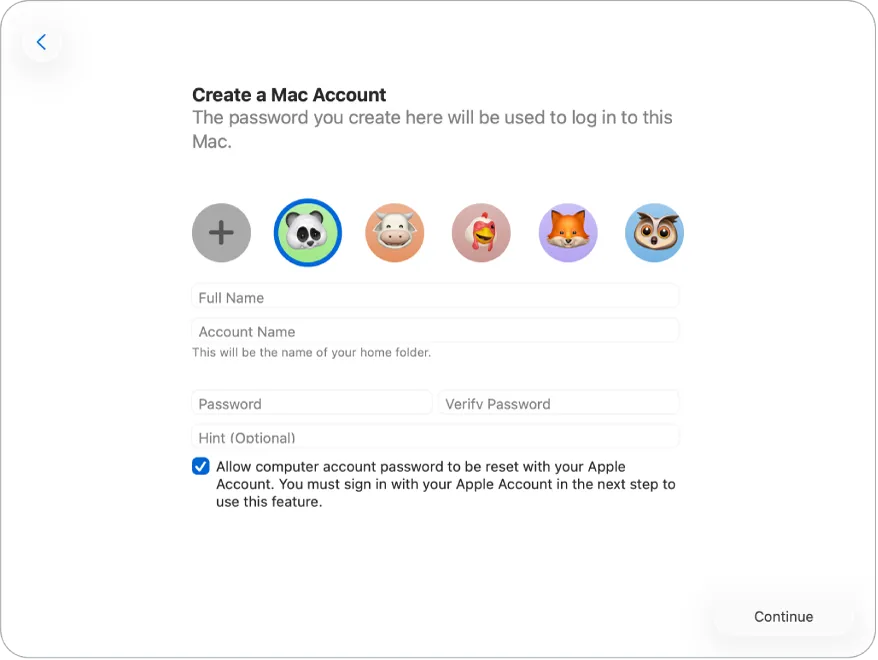 Màn hình Tạo Tài khoản máy Mac trong Trợ lý Thiết lập, bước quan trọng trong cách cài đặt macbook air an toàn