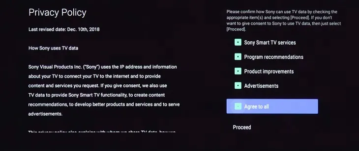 Màn hình thỏa thuận chính sách bảo mật tivi.
