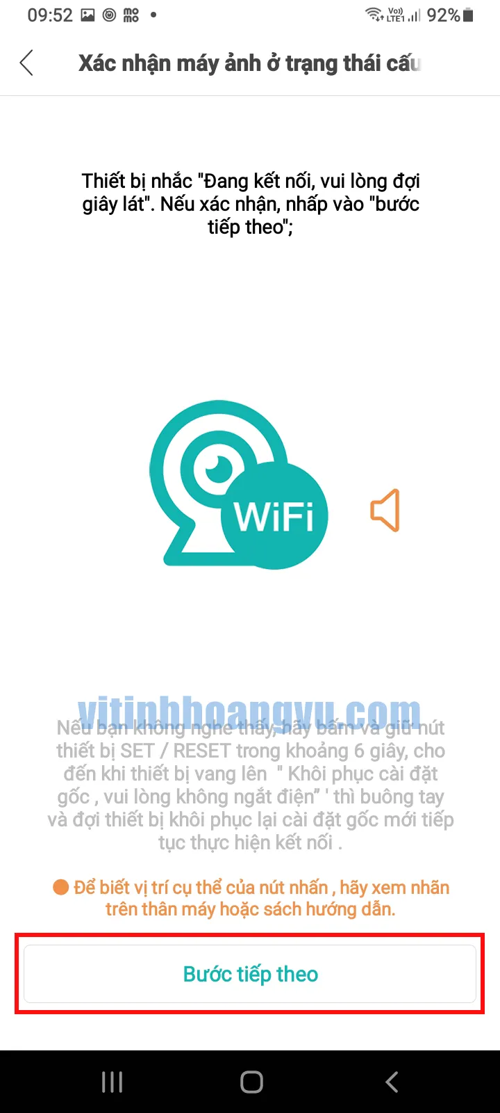 Màn hình thông báo các bước chuẩn bị kết nối camera trước khi tiến hành cài đặt mạng