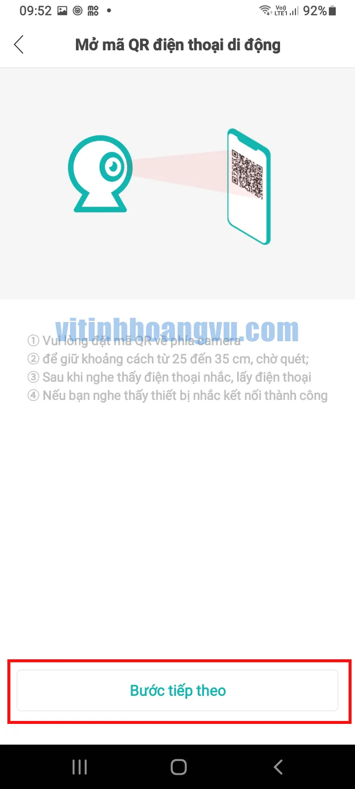 Màn hình thông báo chuẩn bị lấy mã QR Code để tiến hành cài đặt và kết nối camera