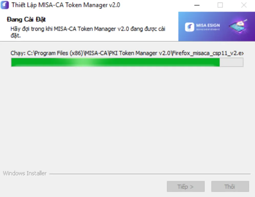 Màn hình thông báo quá trình cài đặt MISA-CA Token Manager v2.0 đã hoàn tất
