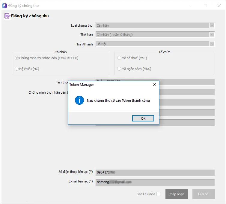 Màn hình thông báo quá trình cài đặt và kích hoạt chữ ký số đã hoàn tất