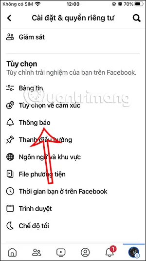 Màn hình Thông báo trong thiết lập Facebook