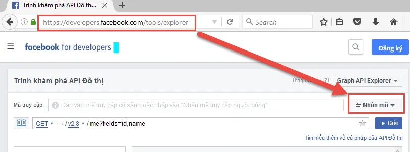 Màn hình Trình khám phá API của Facebook.