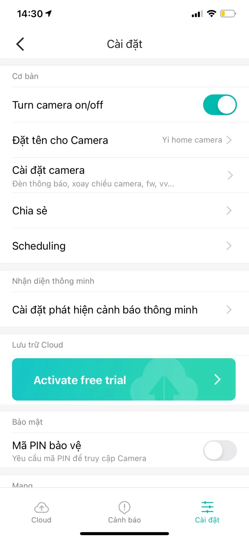 Màn hình tùy chọn cài đặt chi tiết cho camera giám sát Yi Home