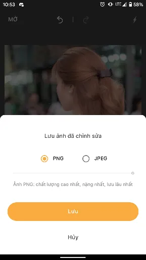 Màn hình tùy chọn lưu ảnh dưới dạng PNG hoặc JPEG