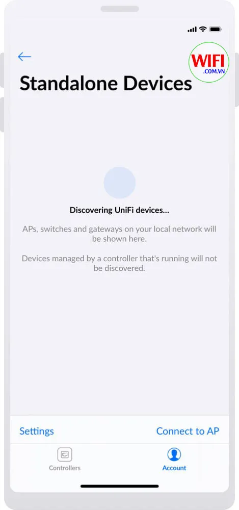 Màn hình ứng dụng hiển thị trạng thái Discovering (Đang khám phá thiết bị)