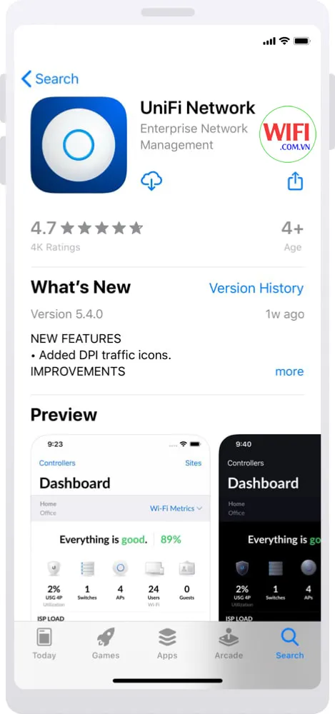 Màn hình ứng dụng UniFi Network trên cửa hàng ứng dụng di động