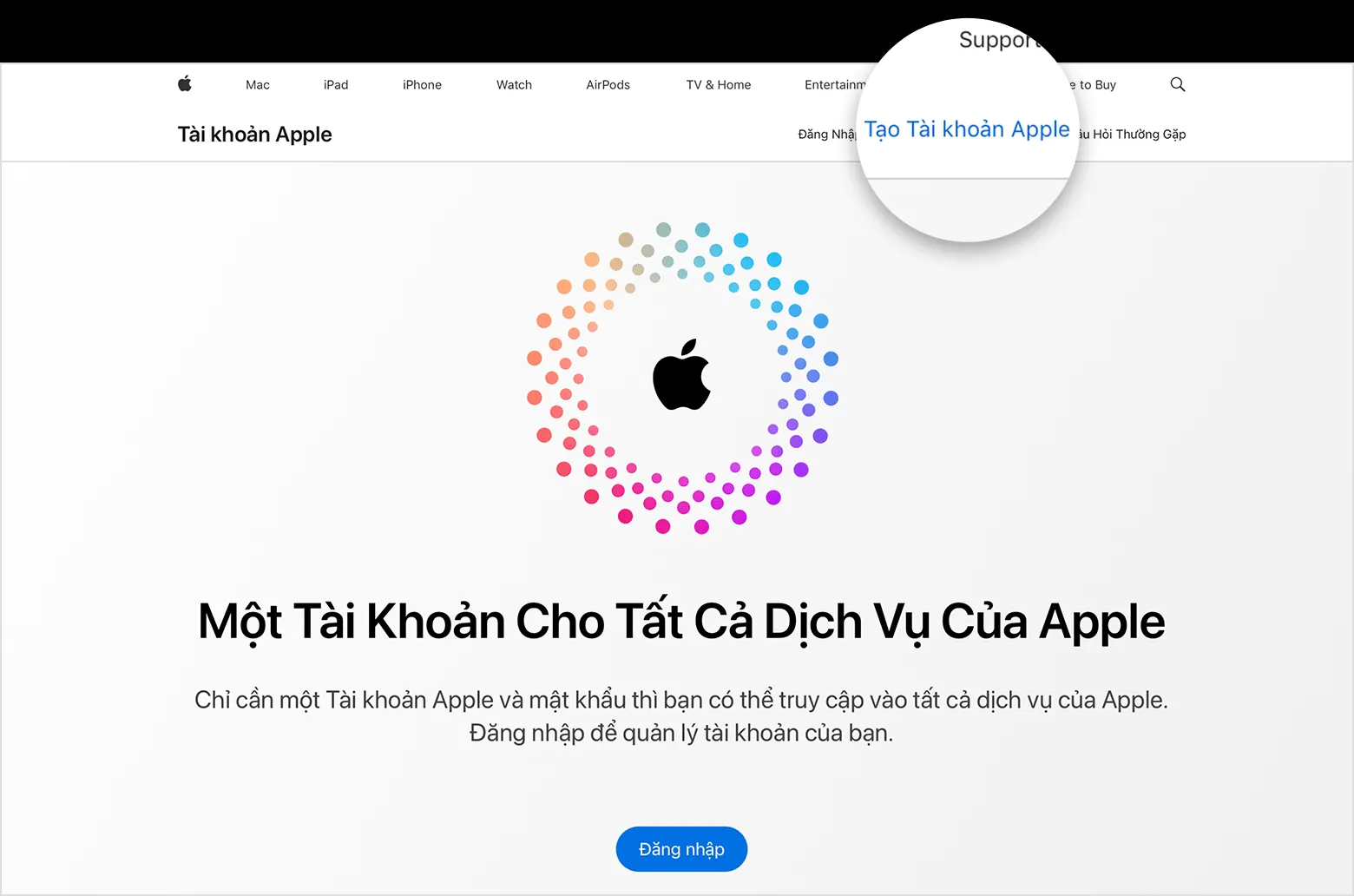 Màn hình web hiển thị liên kết để Tạo Tài khoản Apple