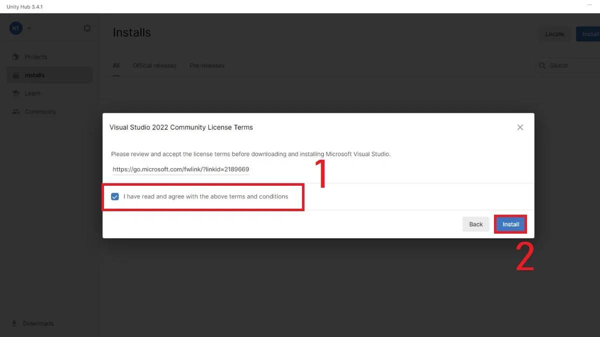 Màn hình xác nhận bản quyền và điều khoản trước khi chính thức cài đặt Unity Editor
