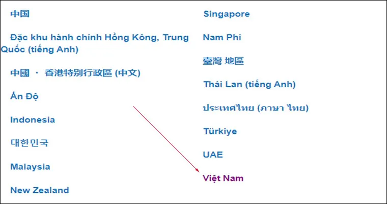 Màn hình xác nhận chọn khu vực Châu Á và Việt Nam trên trang hỗ trợ của Brother