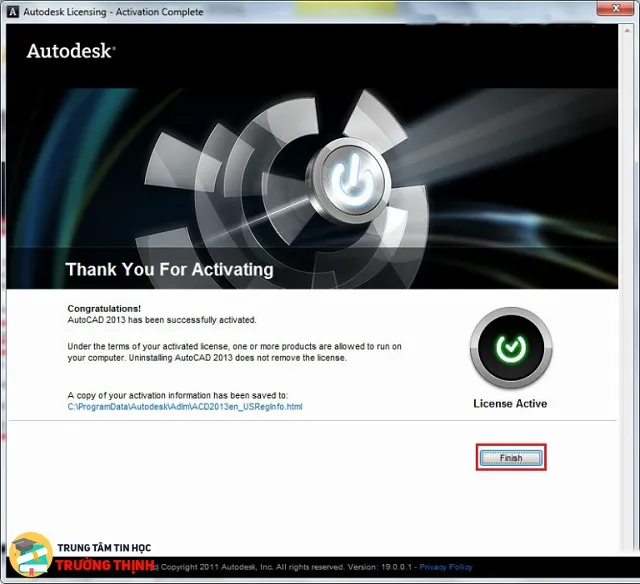 Màn hình xác nhận Thank you for Activating. Nhấn Finish