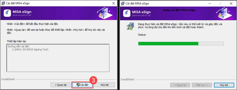 Màn hình xác nhận tiến hành cài đặt ứng dụng chữ ký số từ xa