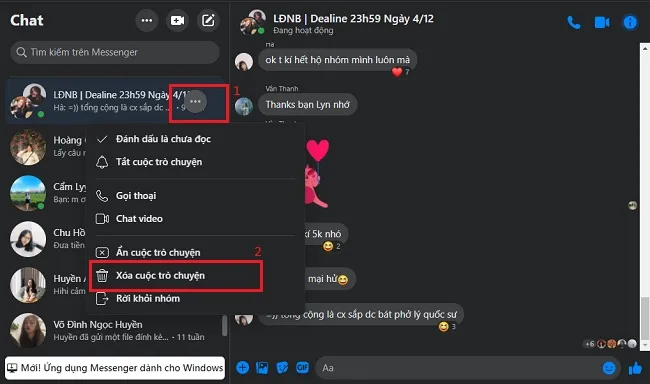 Màn hình xác nhận xóa cuộc trò chuyện nhóm trên máy tính